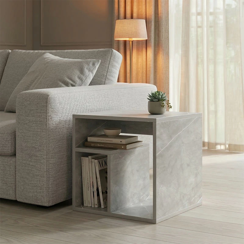 Tavolinë anësore Doublo, pamje mermeri gri-bezhë, 40x35x40cm