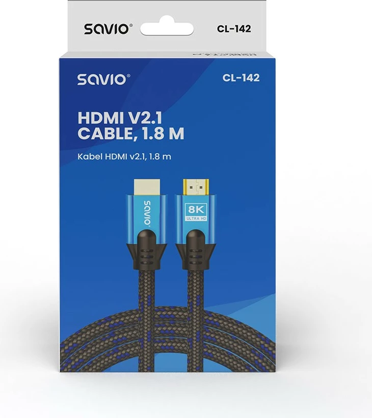 Kabllo HDMI Savio CL-142 v2.1 1.8m 8K Ultra HD, HDMI Type A M-M, lidhësa gold-plated, Ethernet/3D, zi-kaltër