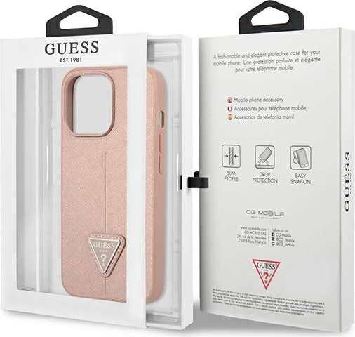 Mbështjellës Guess SaffianoTriangle Logo për iPhone 14 Pro Max 6.7", Rozë
