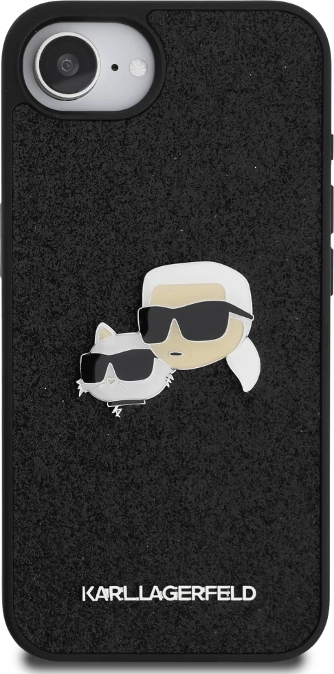 Mbështjellës Karl Lagerfeld Fixed Glitter Karl&Choupette Heads Metal Pin për iPhone 16e, i zi