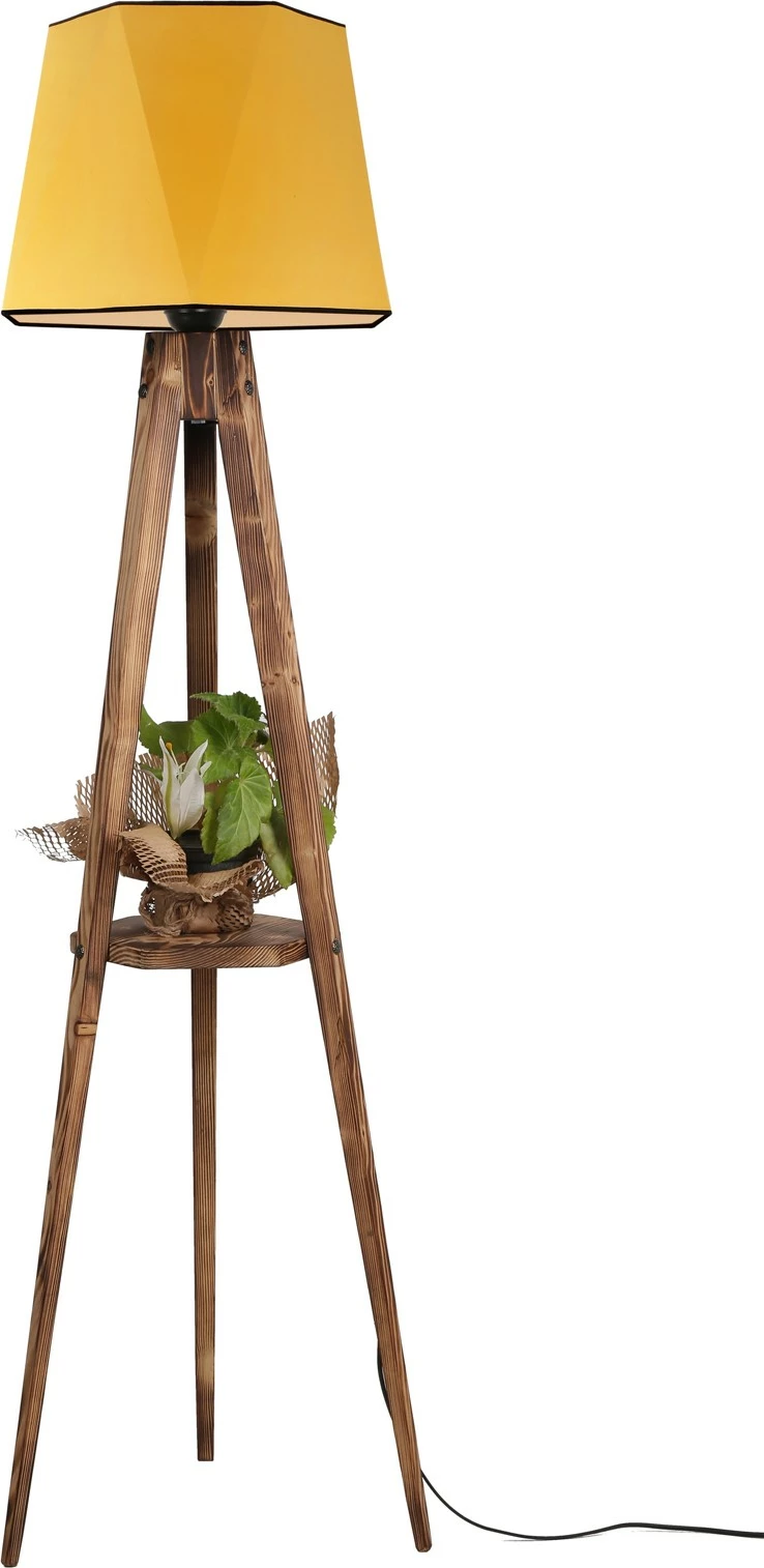 Llambë dyshemeje Opviq, tripod me rafte, abazhuri gjashtëkëndësh, ngjyrë mustard