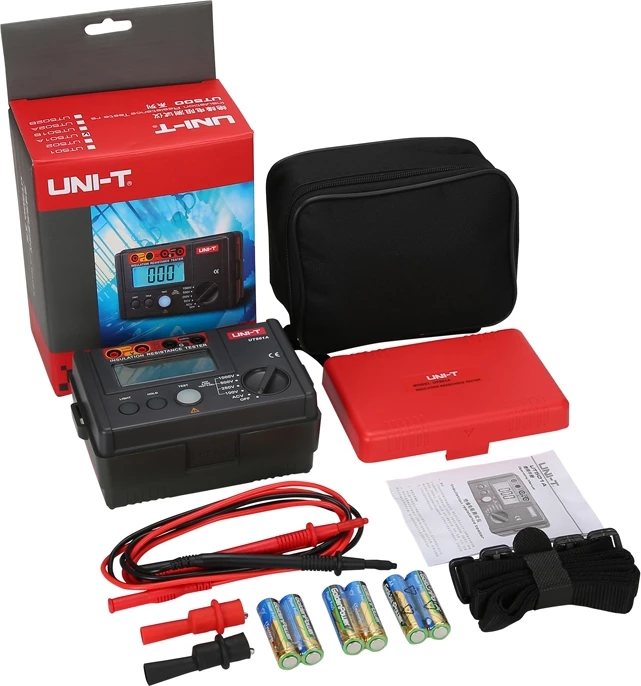 Testues izolimi, UNI-T UT501A, ekran LCD 2000-shifra, PI & DAR, tension prove 100–1000 V, alarm zanor, i kuq/gri, set me fije