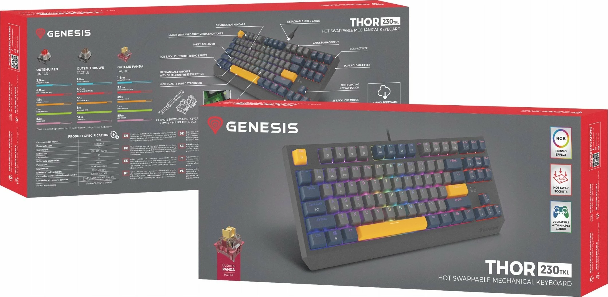 Tastierë mekanike gaming GENESIS Thor 230 TKL NKG-2164, Outemu Panda, Hot Swap, RGB, USB me kabllo, US layout, aksente blu