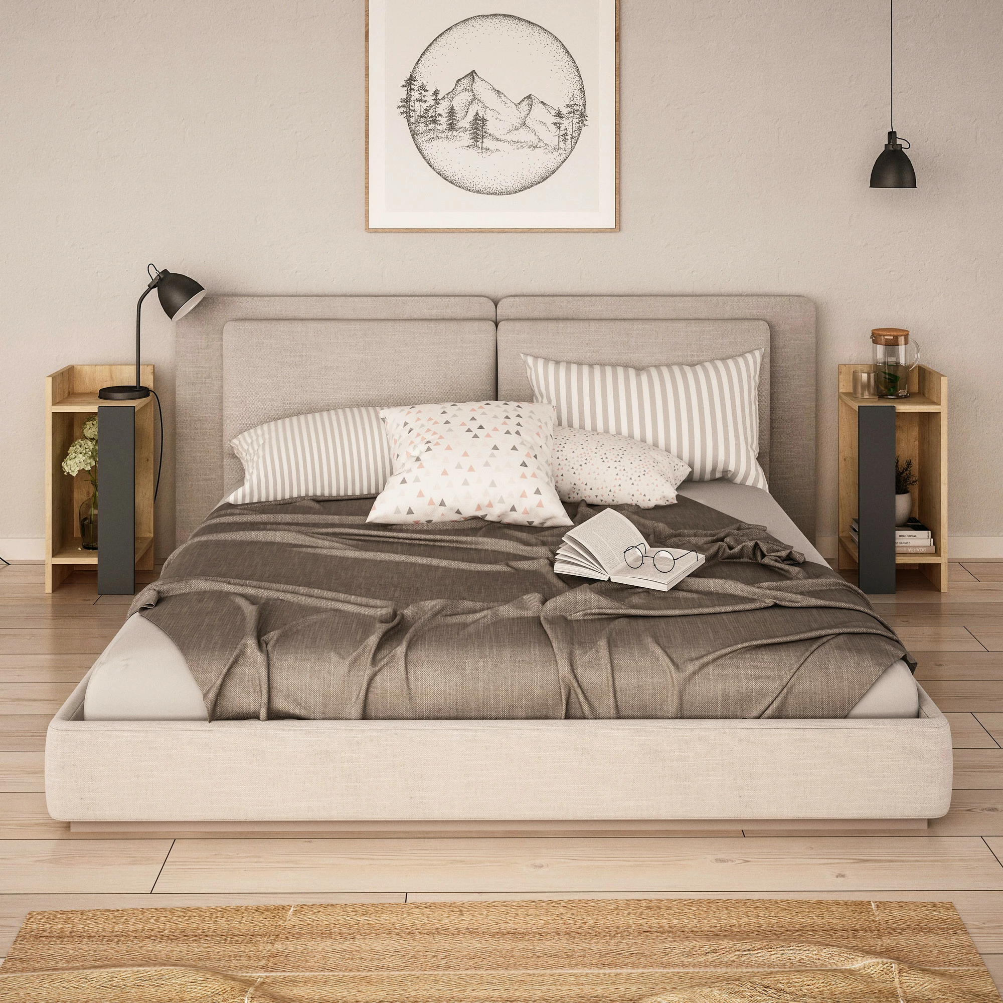 Komodinë nate Elos, dy copë, ngjyrë lisi dhe antraciti, Skye Decor