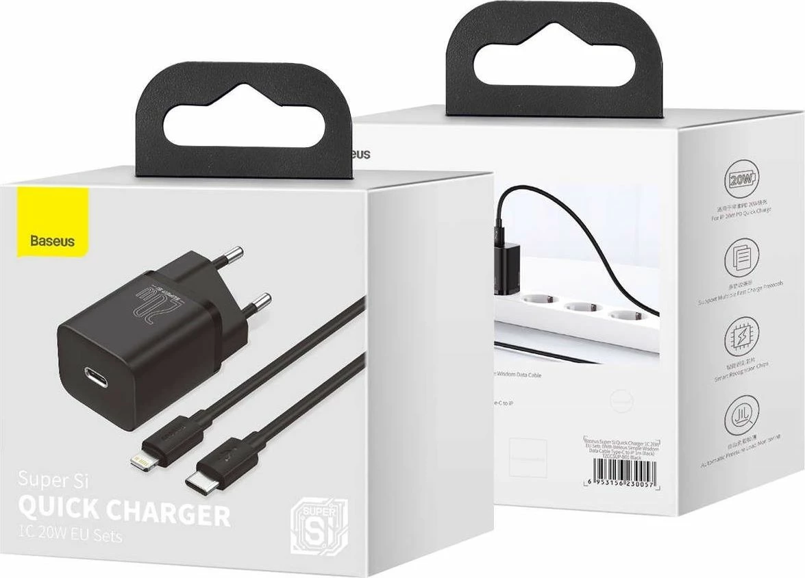 Karikues rrjeti Baseus Super Si TZCCSUP-B01 20W USB-C PD/QC 3A set me kabllo USB-C në Lightning 1 m i zi