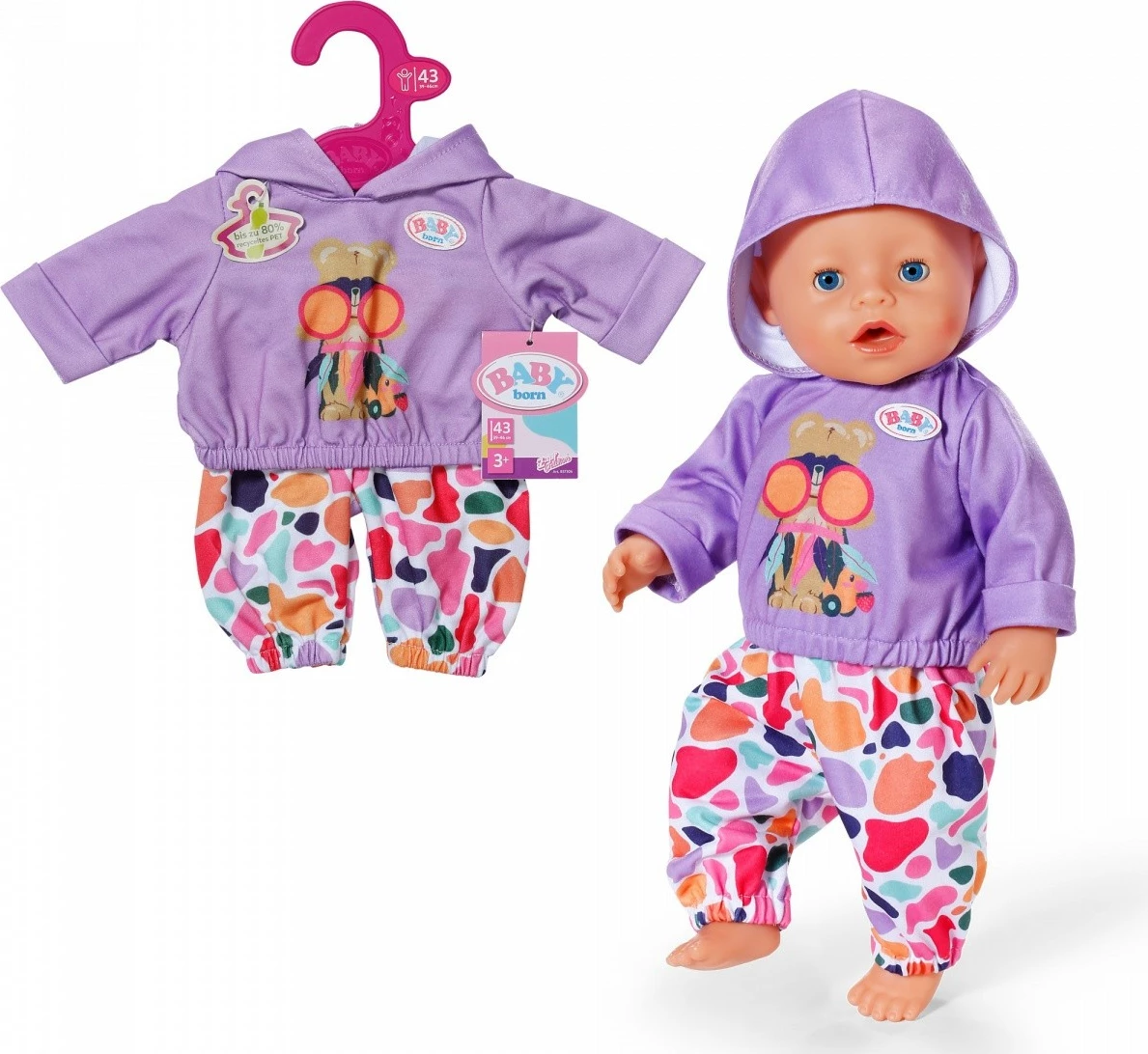Set bluzë me kapuç dhe pantallona për kukull, Baby Born 837306-116725, për 43 cm, 2-copëshe, shumëngjyrëshe