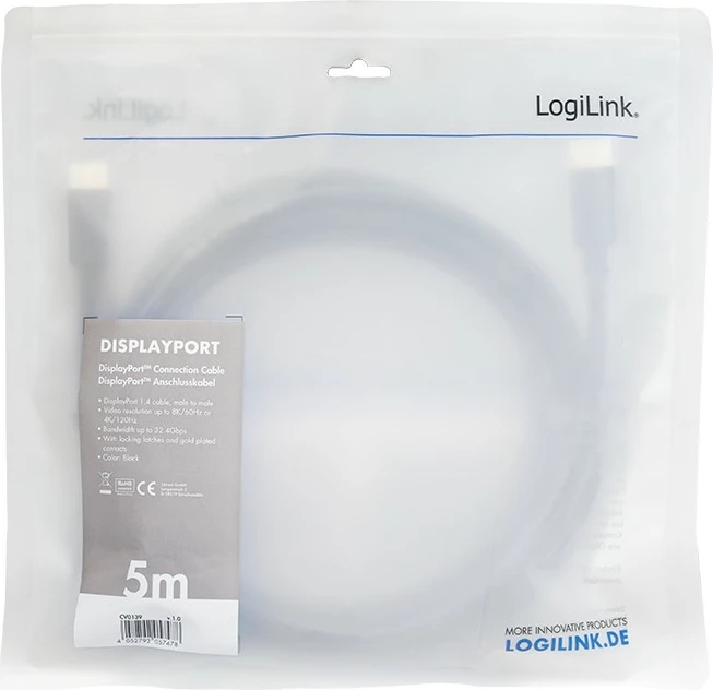 Kabllo DisplayPort LogiLink CV0139, 5m, 4K, 120Hz, e zezë