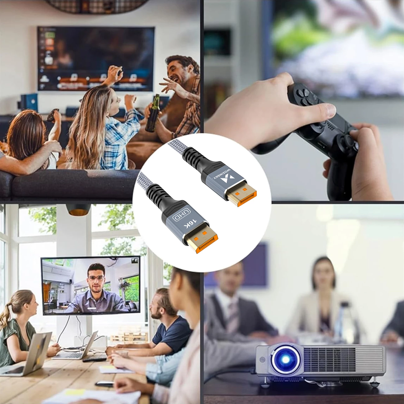 Kabllo DisplayPort 2.1, Wozinsky, WPS-16AYL1S, VESA Certified, 80 Gb/s, 16K@60Hz 8K@120Hz 4K@240Hz, HDR HDCP DSC, 1 m, gri