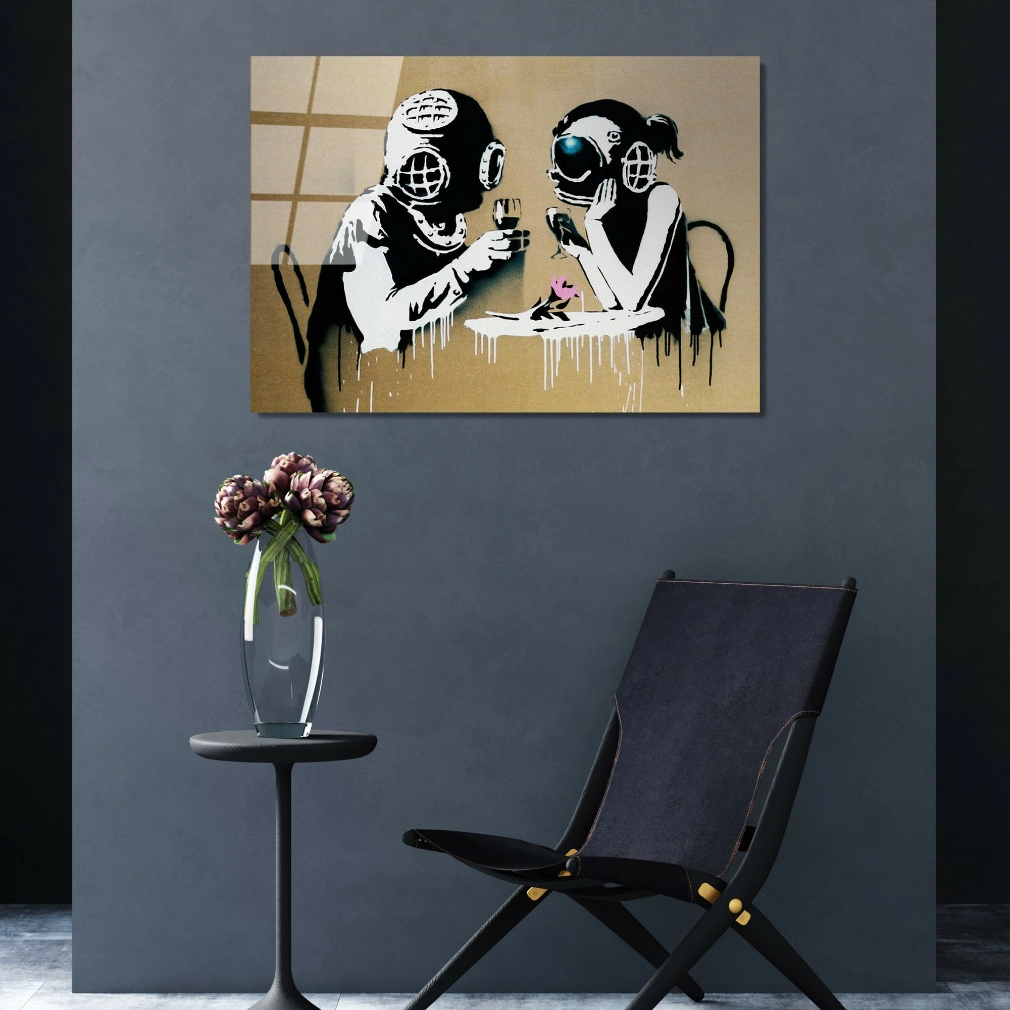 Pikturë dekorative prej xhami të temperuar, Banksy, shumëngjyrëshe, 45x65cm