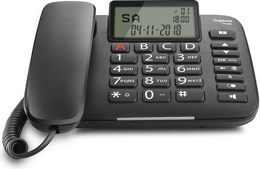 Telefon fiks analog Gigaset DL380, butona të mëdhenj, speakerphone, ekran LCD, i zi