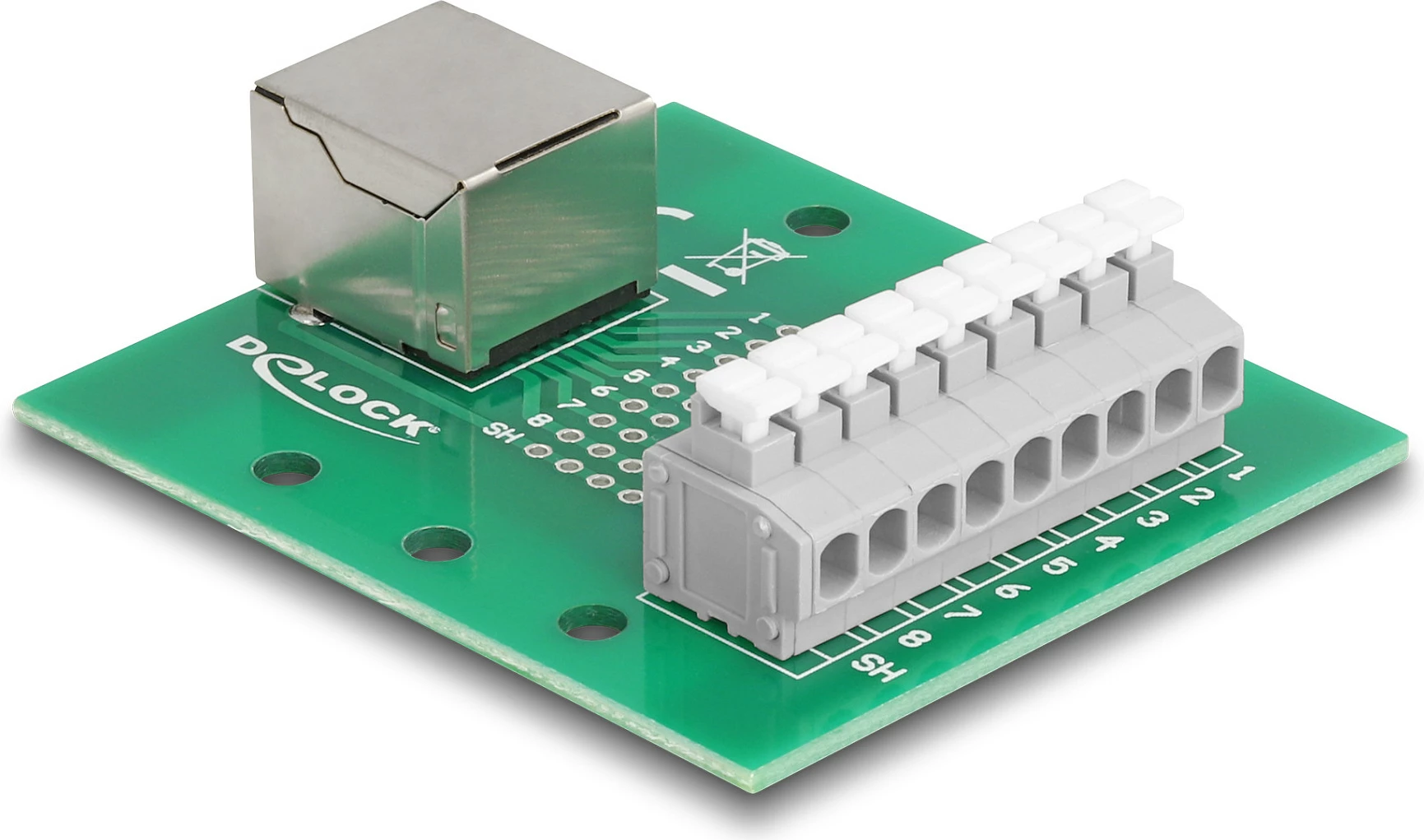 Adapter rrjeti DeLOCK RJ45 femër në terminal block me buton, montim DIN rail, AWG 24-12, gjelbër/gri