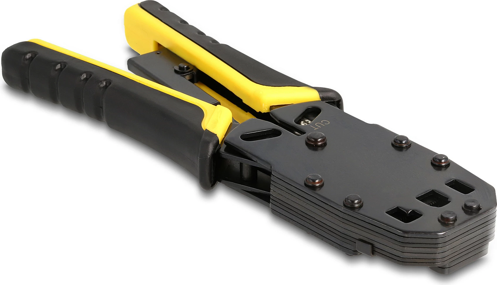 Krimpues kabllash DeLOCK, për RJ50/RJ45/RJ12/RJ11, me abisolues, zi/verdhë