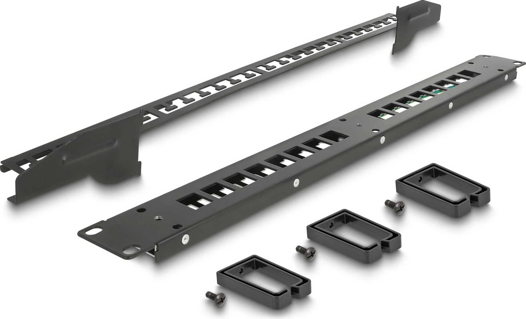 Patch panel Keystone DeLOCK 19" 16 porta, 1U, me 3 grepa menaxhimi kabllosh, i zi