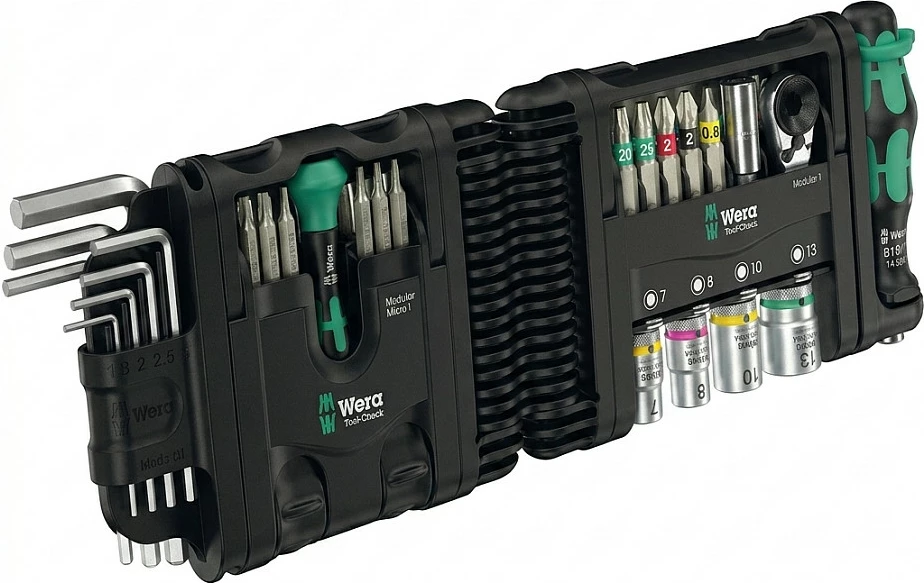 Set veglash Wera Tool-Check Modular Set 1, 50 copë, bit-raketë 1/4" + imbus, zi/gjelbër