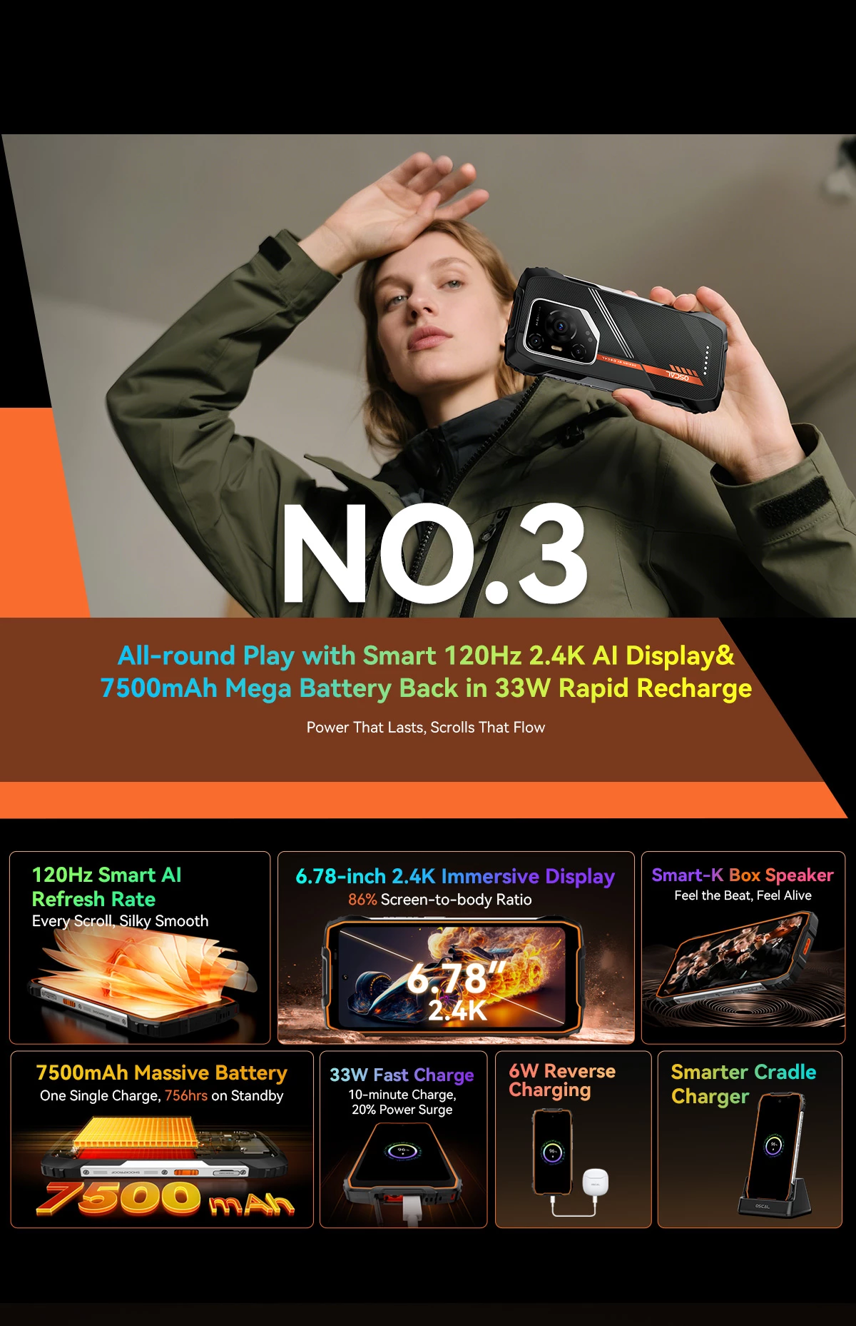 Celular Oscal Pilot 3 12GB/256GB 5G Rugged 7500mAh 6.78\" 120Hz, i zi