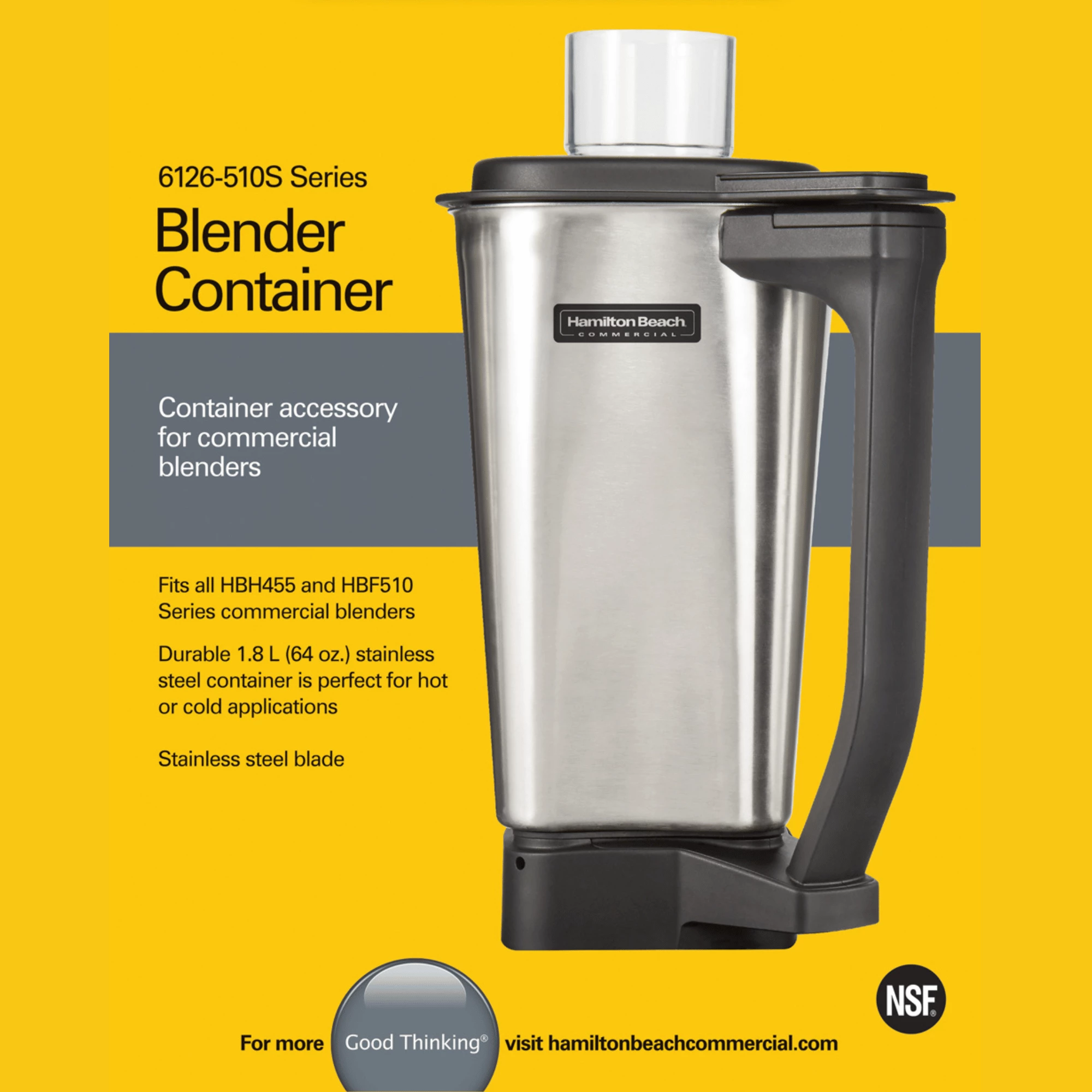 Enë blenderi çelik inox, Hamilton Beach Commercial, për HBF510/HBF510S/HBH455, 1.8 L (64 oz), Silver