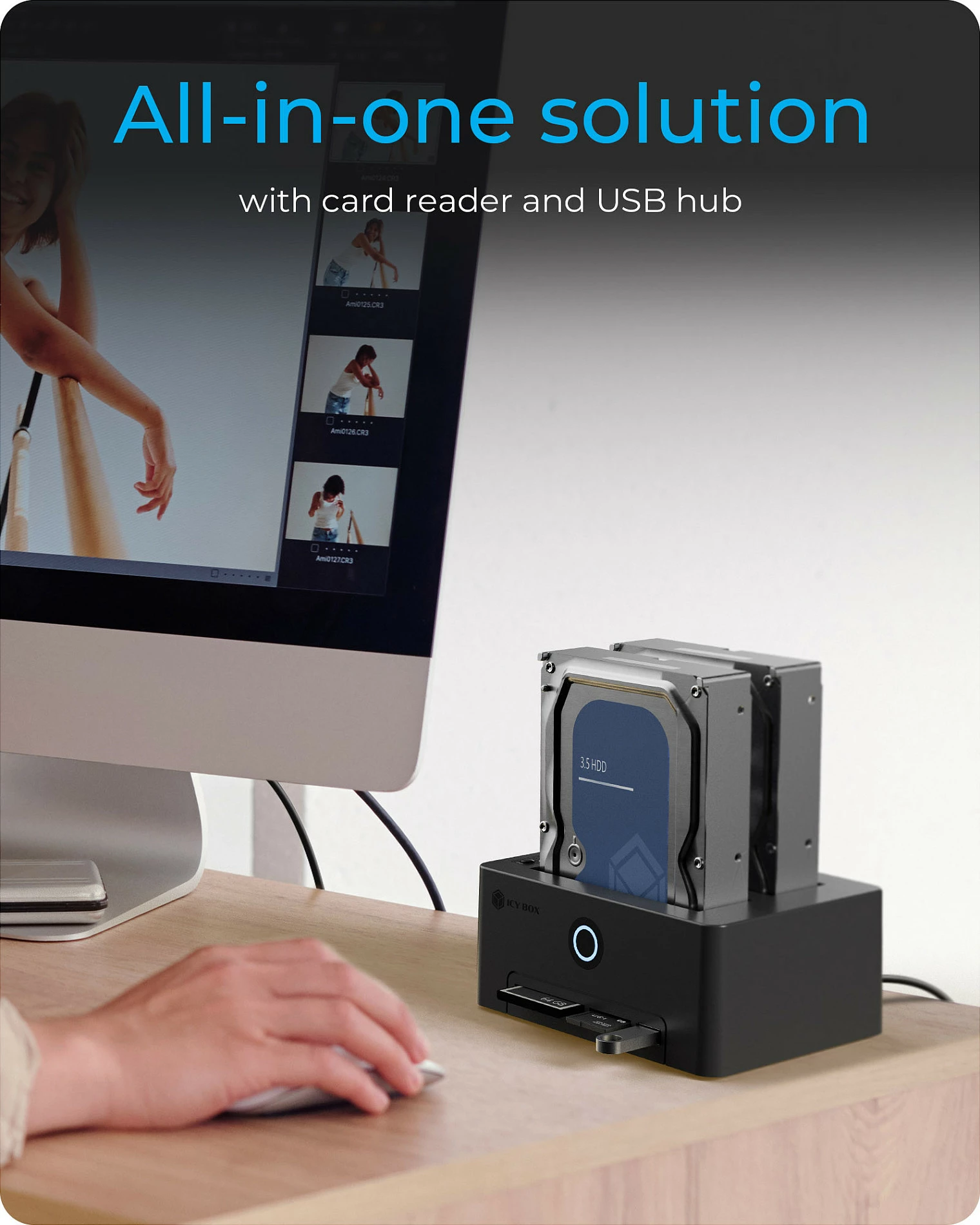 Docking stacion ICY BOX IB-1233CL-CR, USB 3.2 Gen1, për 2x HDD/SSD 2.5/3.5", me lexues kartelash, i zi