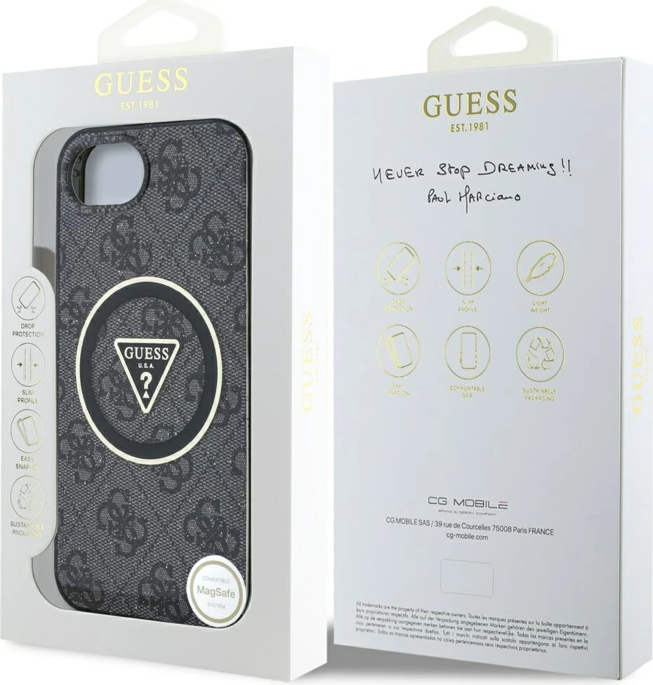 Mbështjellës Guess IML Metal Glitter 4G Circle Triangle MagSafe për iPhone 16e, i zi