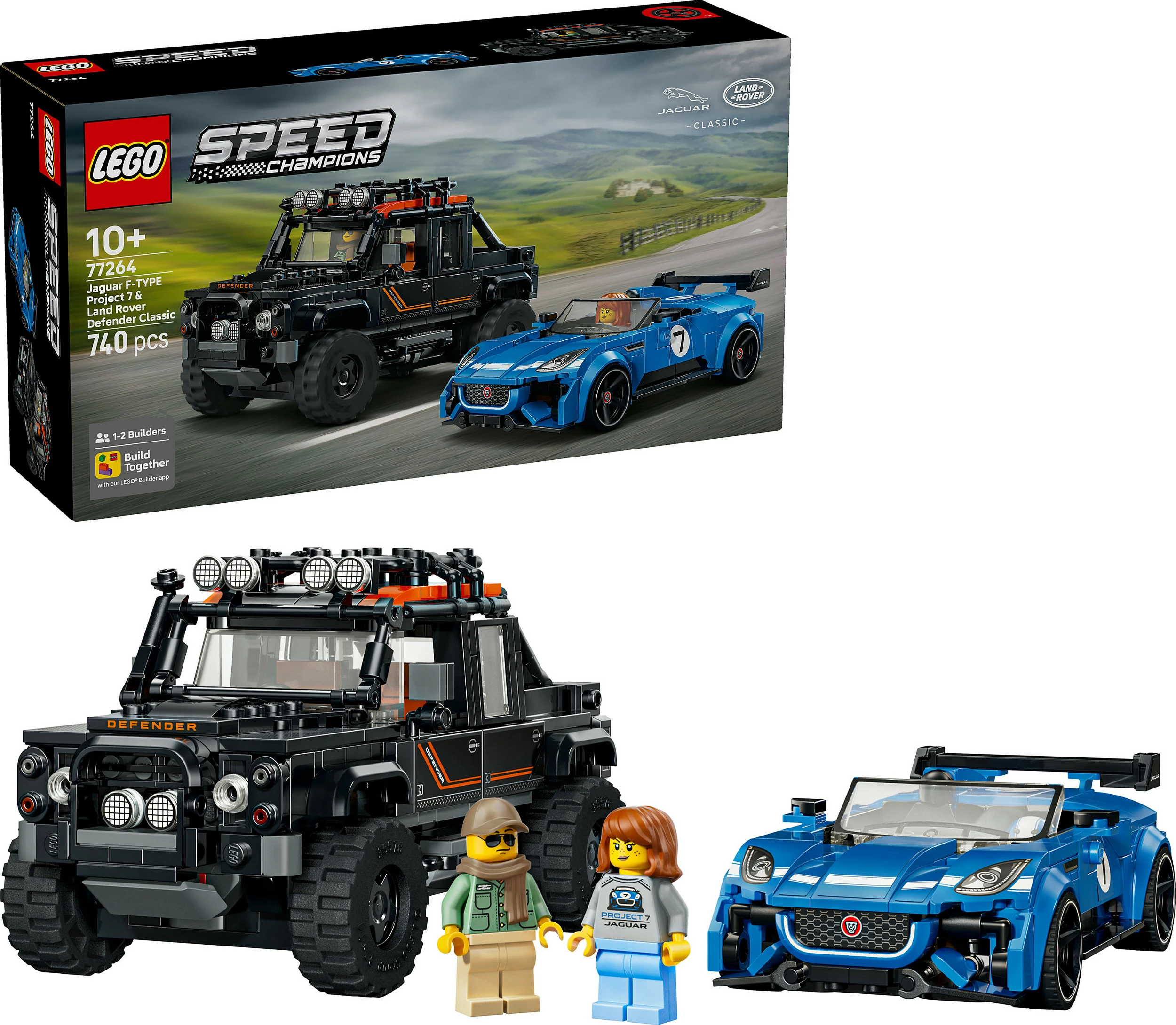 Set ndërtimi LEGO Speed Champions 77264 Jaguar F-Type Project 7 & Land Rover Classic Defender, 740 copë, 10+, blu/zi