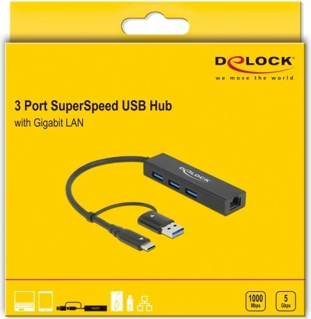 USB hub DeLOCK 3 porta + LAN Gigabit, USB 3.2 Gen 1, Type-A/Type-C, i zi