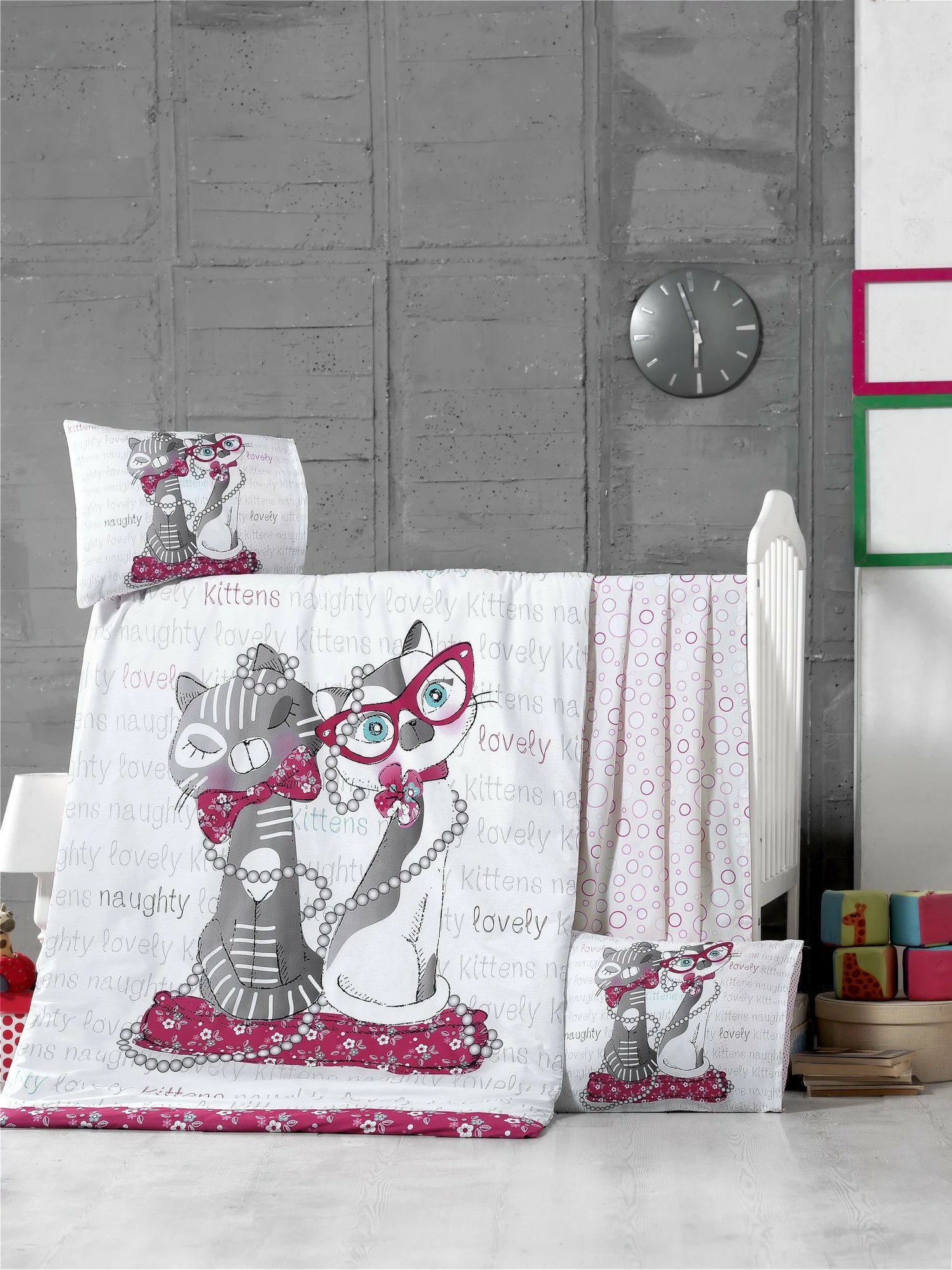 Set mbulesë për batanije për fëmijë Ranforce L'essentiel, kotele, ngjyrë bardhë, fuchsia, gri
