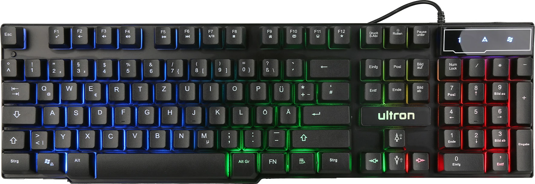 Set gaming Ultron HAWK, tastierë full-size QWERTZ me LED, maus 3200 DPI, kufje me mikrofon, mauspad, zi/kuq/bardhë