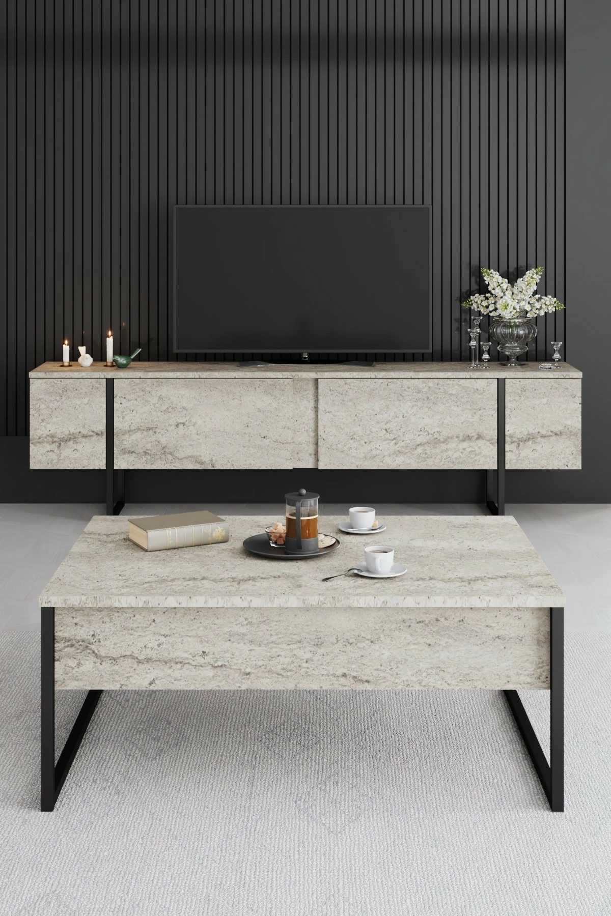 Tavolinë kafeje Hanah Home, Luxe, travertin, e zezë