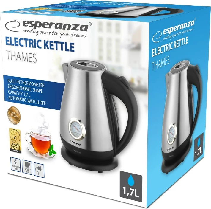 Vluese uji Esperanza EKK029, me termometër, 1.7L, 2200W, argjend