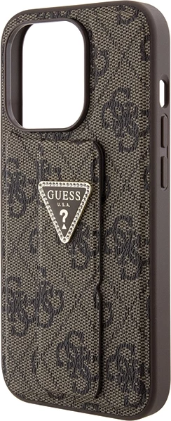 Mbështjellës Guess Grip Stand 4G Triangle Strass për iPhone 15 Pro, kafe