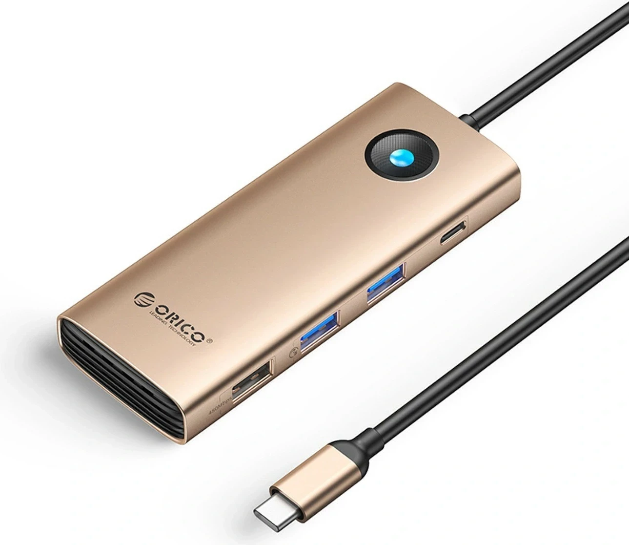 Hub Orico USB-C 8n1, 2x USB-A 3.0, 1x USB-A 2.0, 1x USB-C 3.0, 1x USB-C PD 100W, 1x HDMI 4K 60Hz, 1x VGA 1080P 60Hz, 1x RJ45 Gigabit Ethernet, verdhë