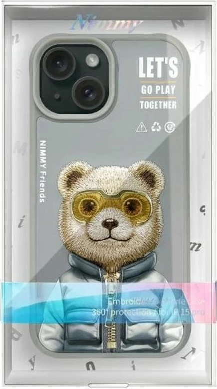 Kuti për iPhone 15 Nimmy Cool&Cute 2.0 Bear, gri