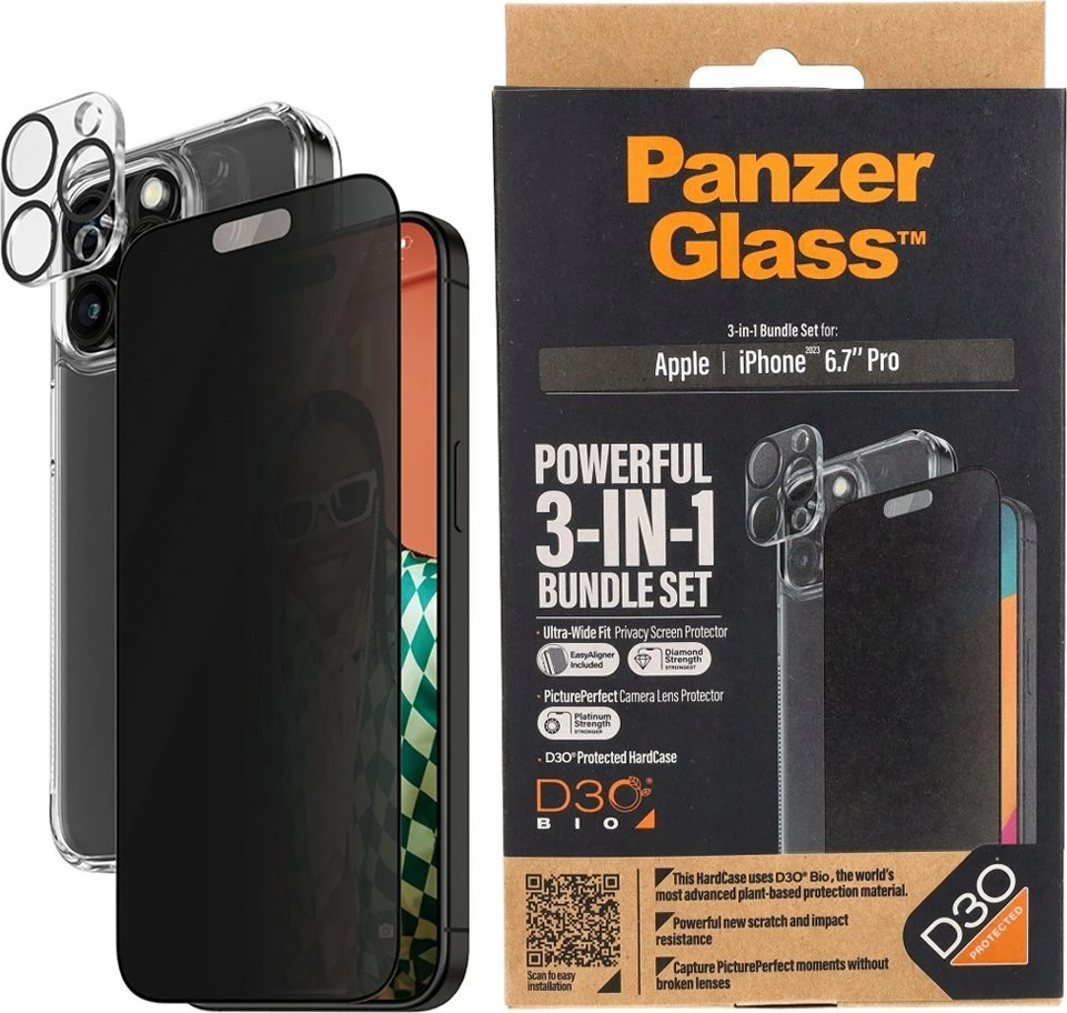 Set mbrojtës 3-në-1 PanzerGlass Privacy për iPhone 15 Pro Max, transparent, paketë 3 pjesë