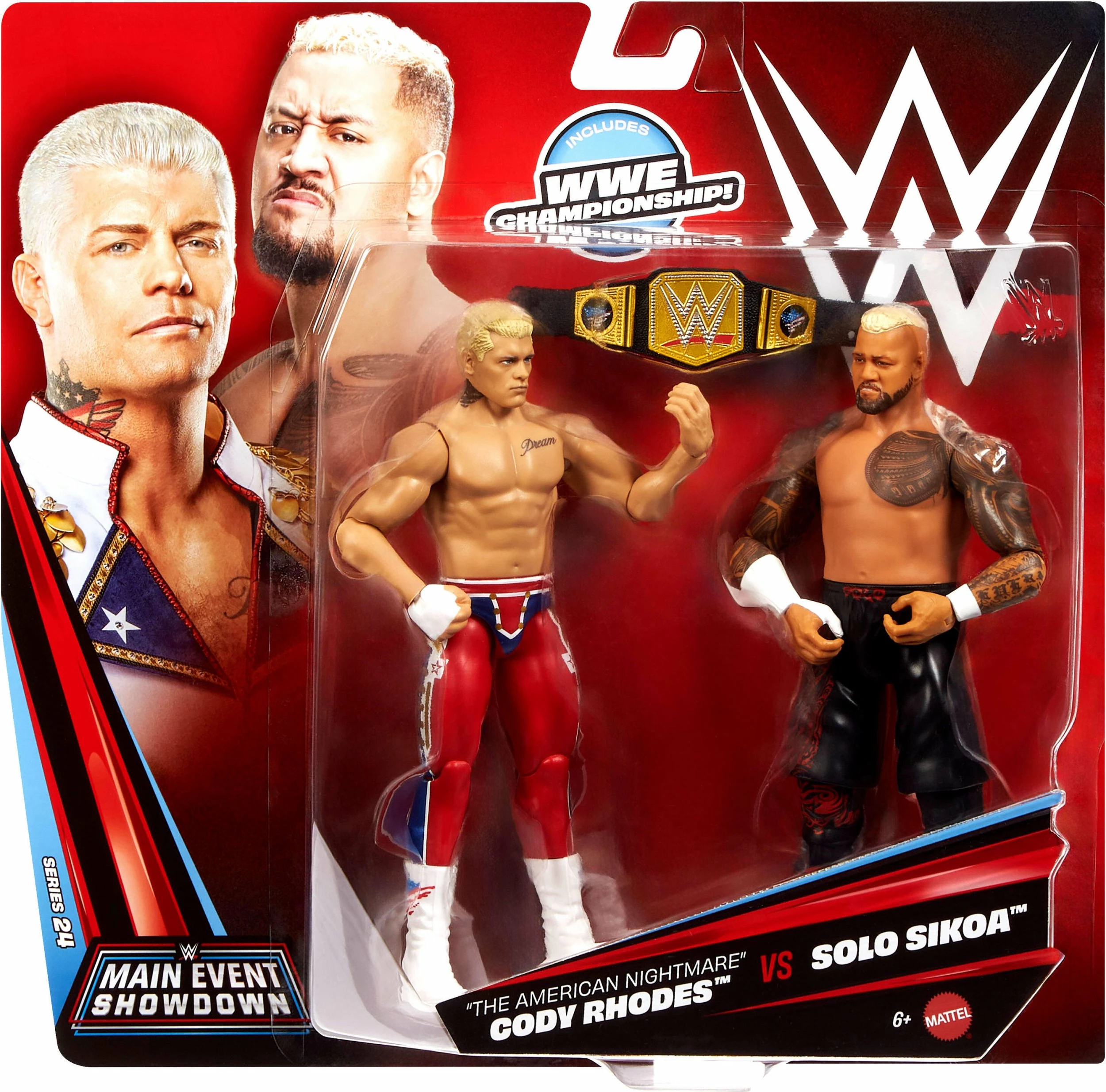 Set figurina WWE Mattel Main Event Showdown JHJ54, Cody Rhodes vs Solo Sikoa, 15 cm, 2 copë