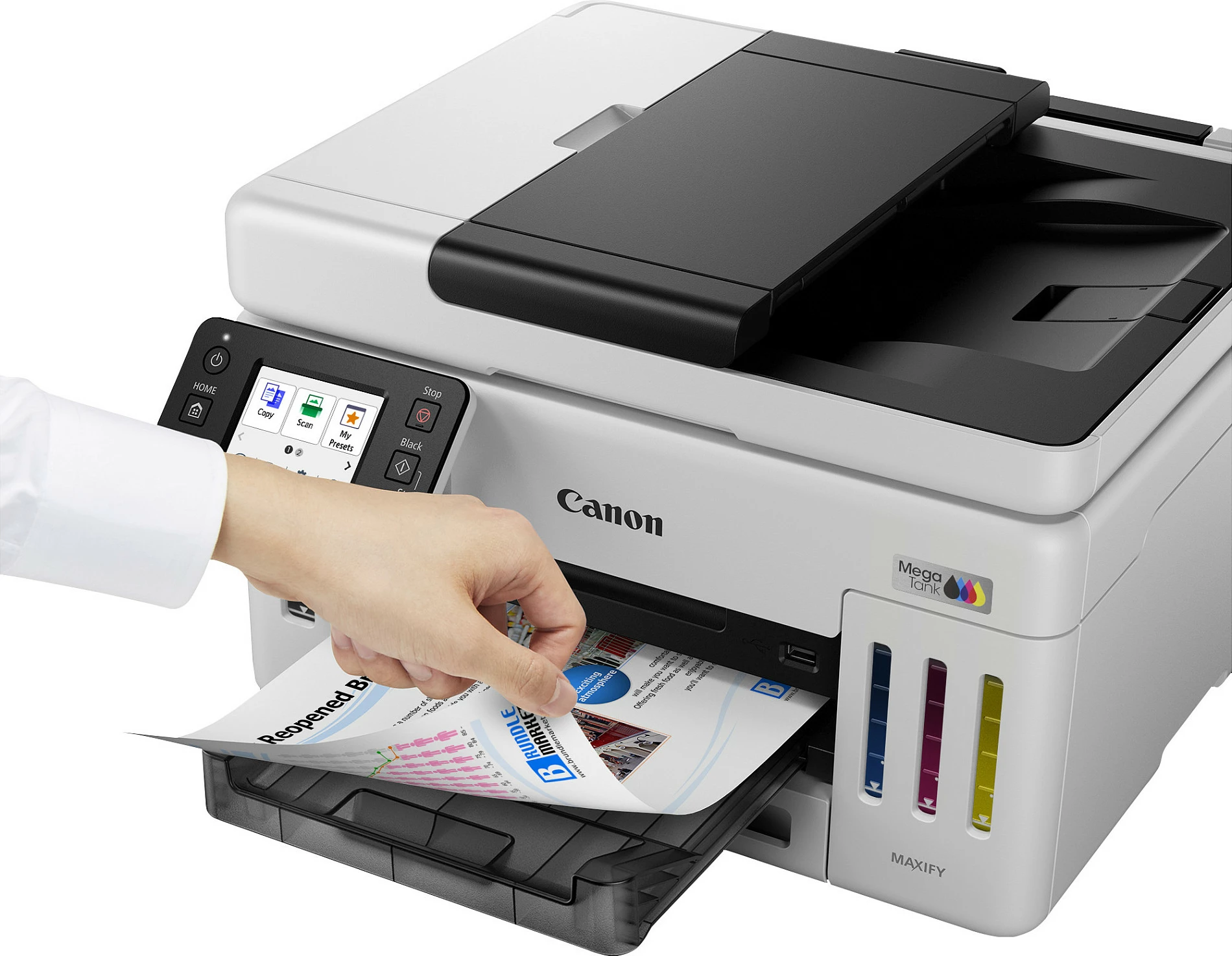 Printer multifunksional Canon MAXIFY GX6150, Inkjet me ngjyra, A4, Duplex, Wi‑Fi/Ethernet, bardh e zi