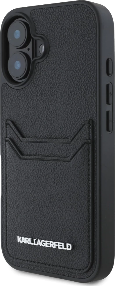 Mbështjellës Karl Lagerfeld HC Grained PU Cardslot Metal Elong për iPhone 16, e zezë