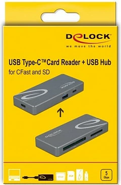 Lexues kartelash DeLOCK USB-C për CFast/SD me USB Hub, USB 3.2 Gen1, 5 Gbit/s, gri
