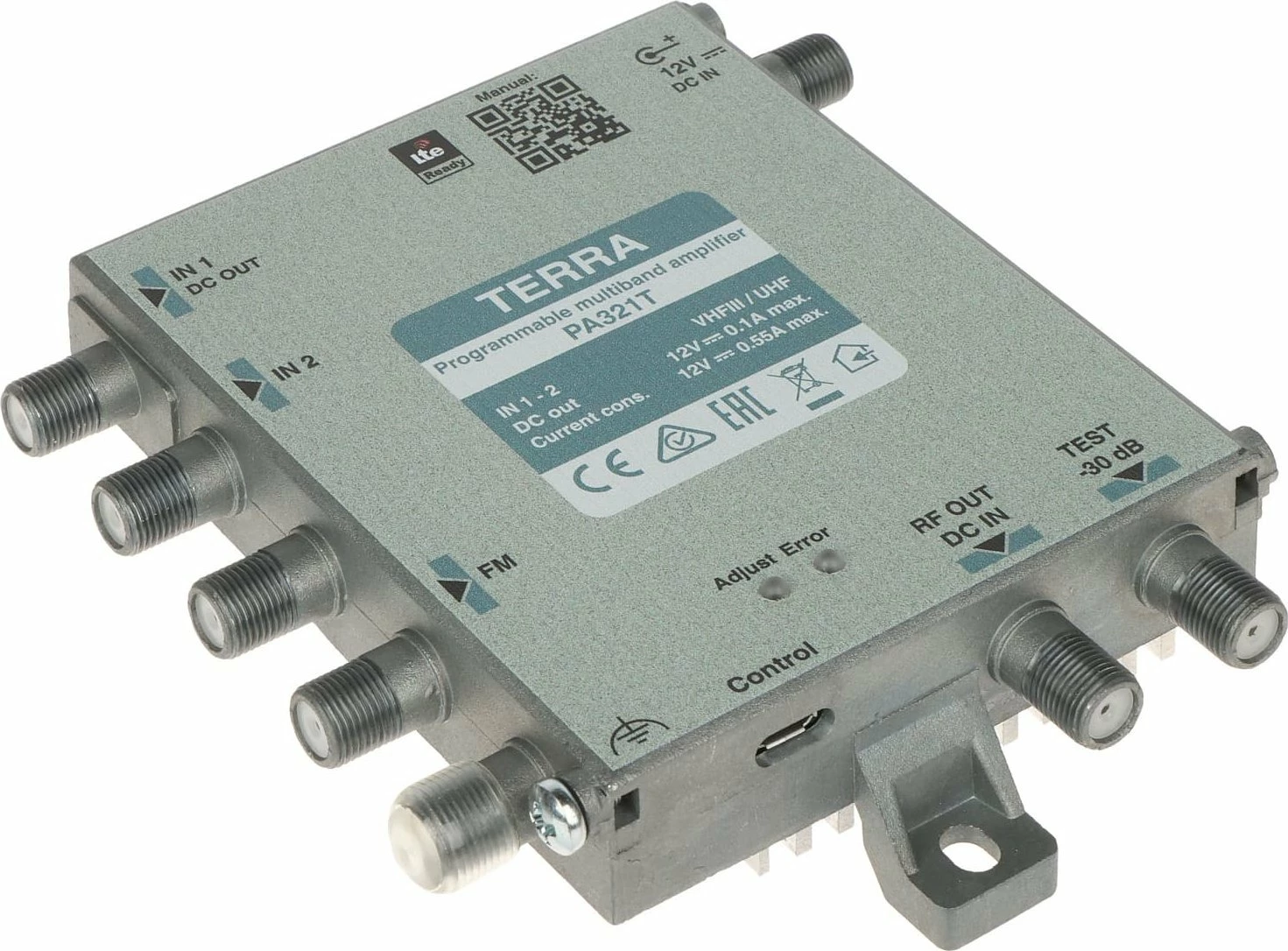 Amplifikator antene Terra PA-321TP, programabil wideband, 20 MUX DVB-T/T2, me AGC dhe filtër LTE/5G, adapter 12V i përfshirë, gri
