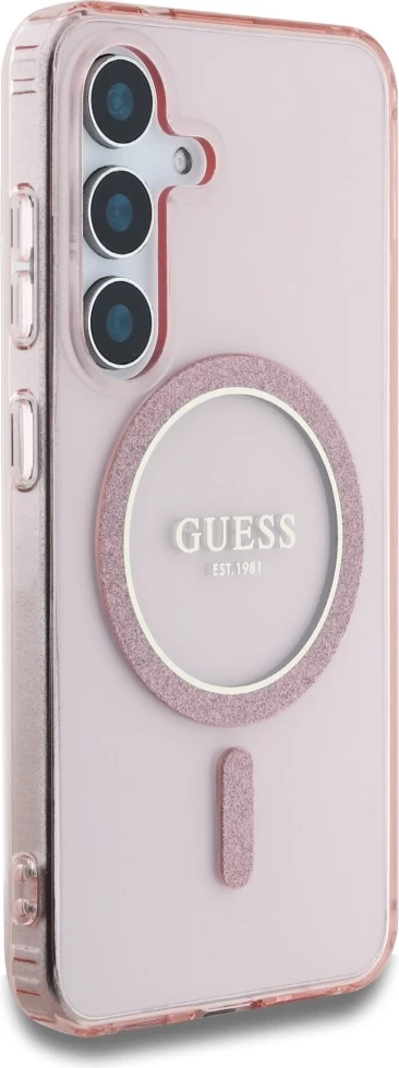 Mbështjellës Guess Glitter Circle Classic Logo MagSafe për Samsung Galaxy S25, Rozë