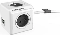 Zgjatës elektrik me USB, Allocacoc PowerCube Extended USB 3m2404, 4x Type E, 2x USB, prizë hibride E/F, kabllo 3 m, gri/bardhë