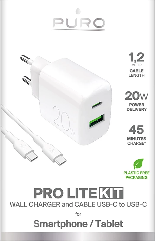 Karikues muri Puro PROLITE 20W me USB-A/USB-C dhe kabllo USB-C në USB-C 1.2m, Bardhë