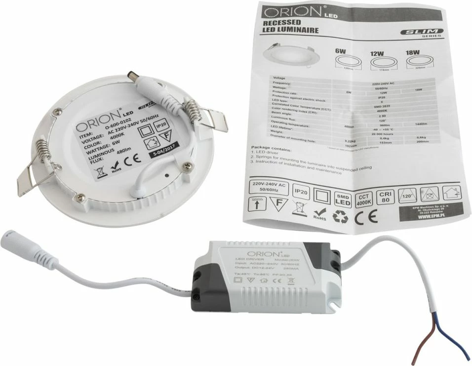Panel LED i rrumbullakët i zhytur Orion ROUND SLIM O-600-0103 12W 960lm 175mm 4000K, i bardhë