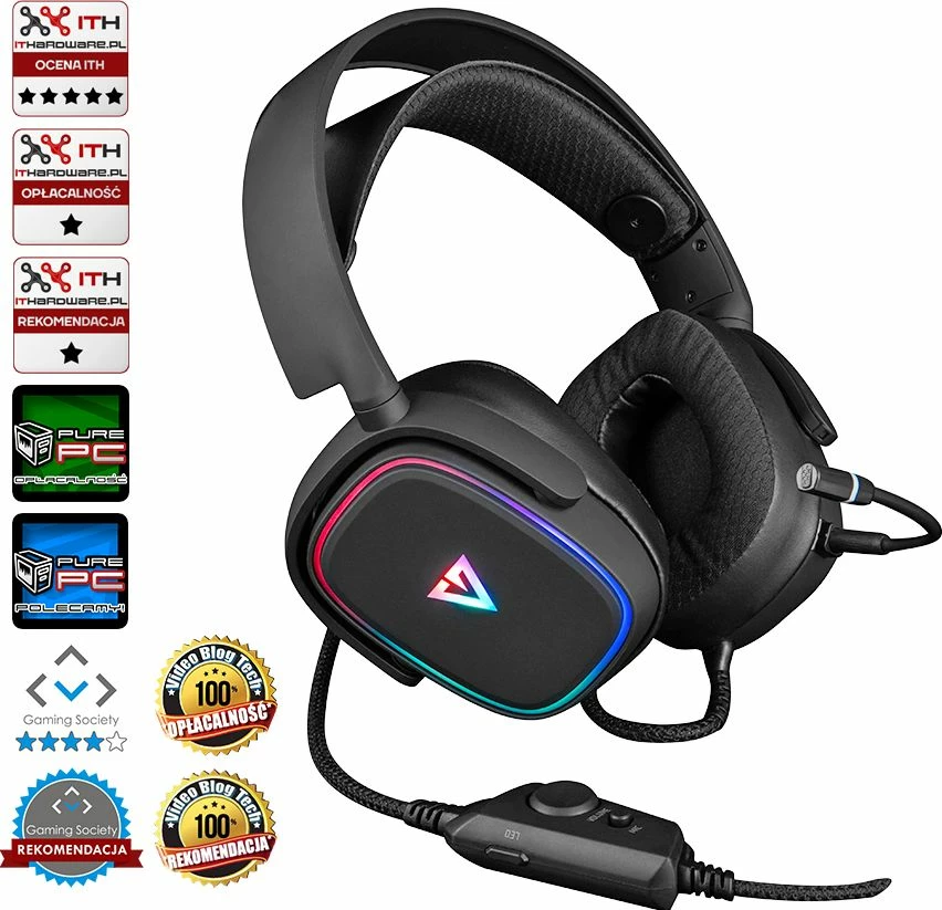 Kufje gaming Modecom Volcano MC-899 Prometheus, USB me mikrofon të shkëputshëm, 50 mm, kabllo 2.2 m, RGB LED, të zeza