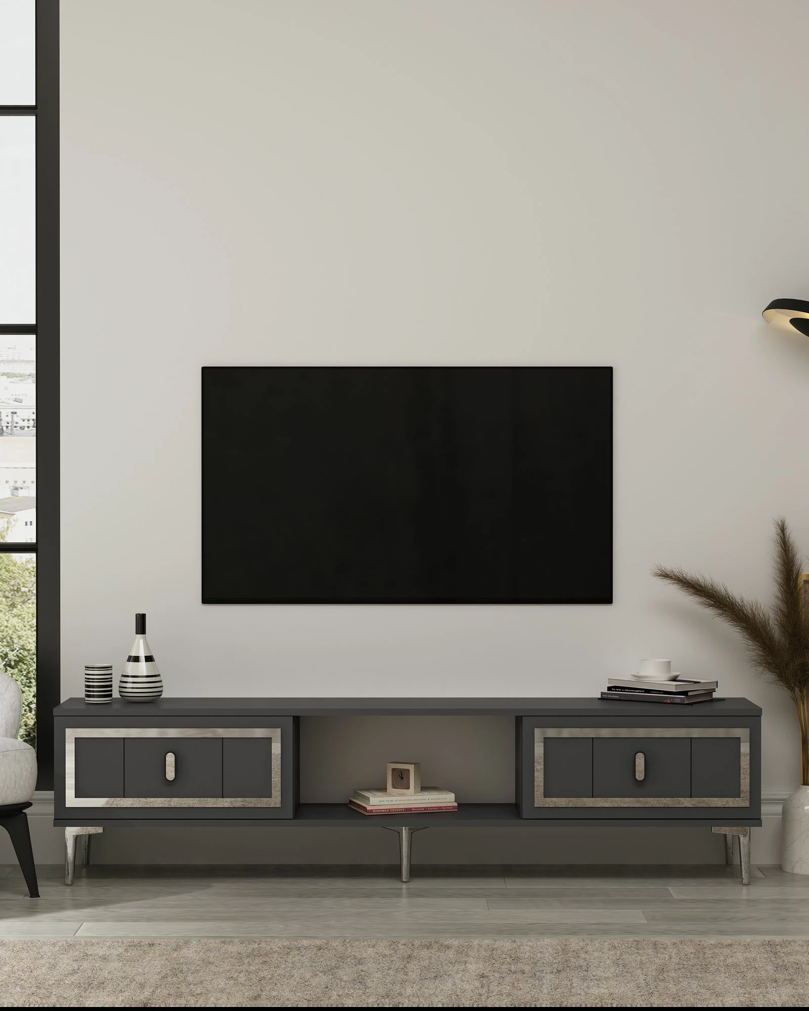 Komodë TV Skye Decor, ngjyrë antracit, argjend