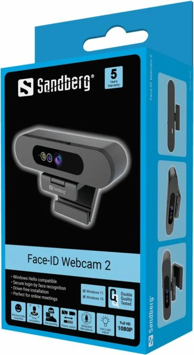 Webcam Sandberg Face-ID Webcam 2 Full HD 1080p, USB-C, me mikrofon stereo, me switch privatësie, set me kabllo 1.5 m, e zezë