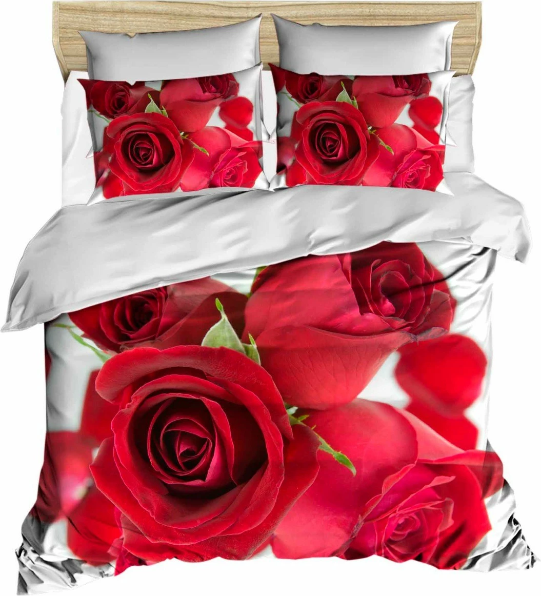 Set mbulesë për dyshek dopio, L'essentiel, 192, me trëndafila të kuq, 200x220cm, 2 jastëkë, e kuqe dhe e bardhë