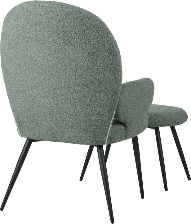 Karrige me këmbë për këmbë Qarar, stof boucle, ngjyrë e gjelbër e çelur, këmbë metalike të zeza, 67.5x67.5x106cm