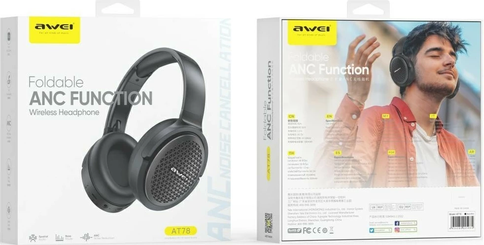 Kufje mbi vesh AWEI AT78 Bluetooth 6.0, ANC/ENC, 500mAh, deri 50h, USB-C, e zezë