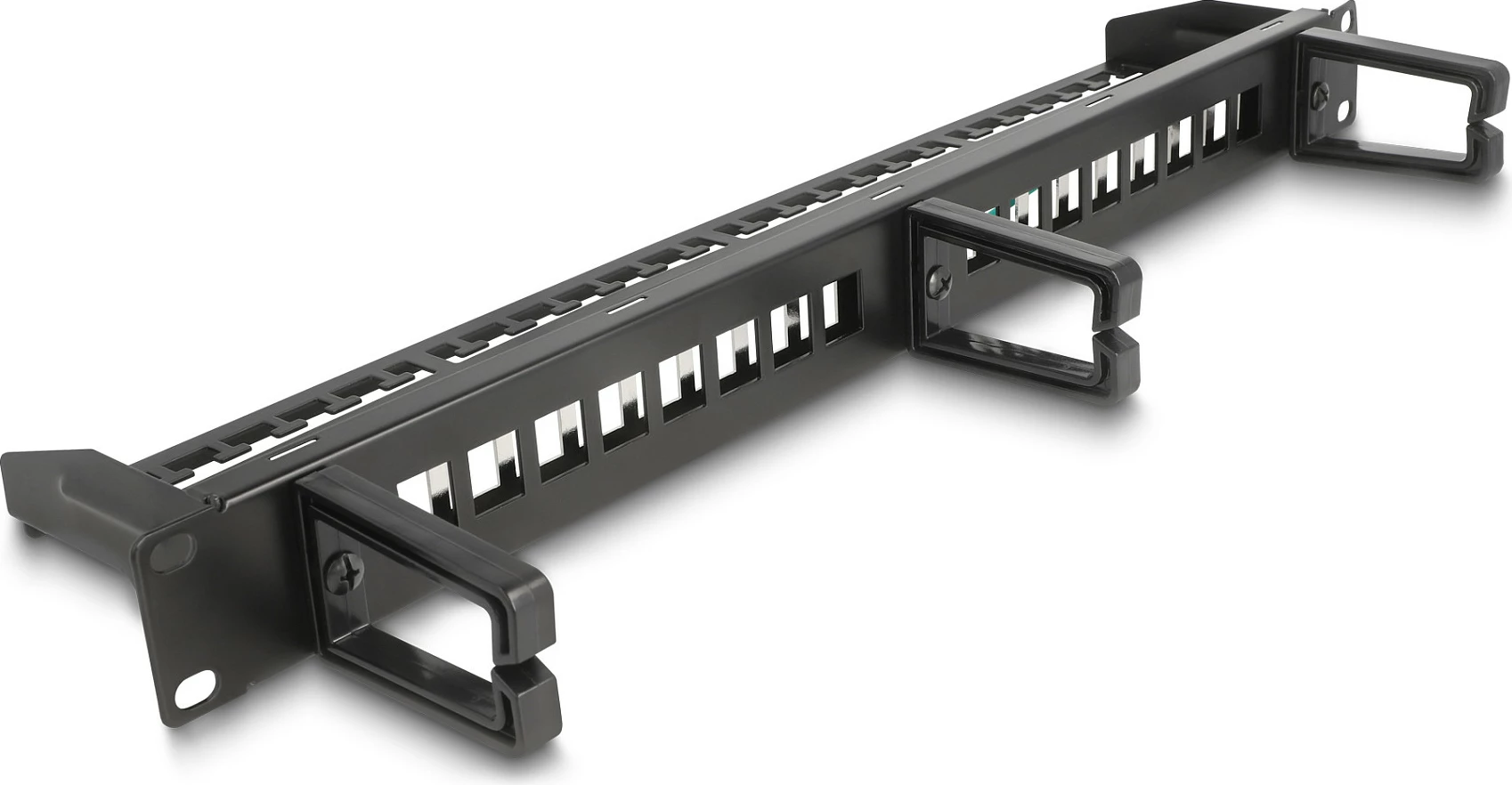 Patch panel Keystone DeLOCK 19" 16 porta, 1U, me 3 grepa menaxhimi kabllosh, i zi
