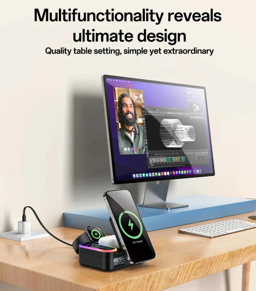 Stacion Karikimi Inteligjent 5 in 1 Yesido me Orë, RGB dhe Wireless Charging