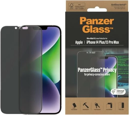 Xham i temperuar PanzerGlass Ultra-Wide Fit Privacy për iPhone 14 Plus/13 Pro Max, Antibakterial